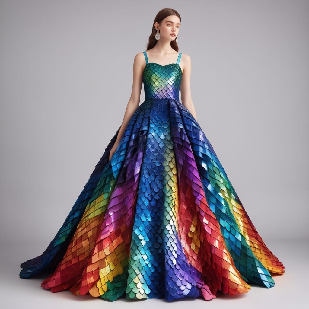 Rainbow Scales Gown in Vibrant Musical Style