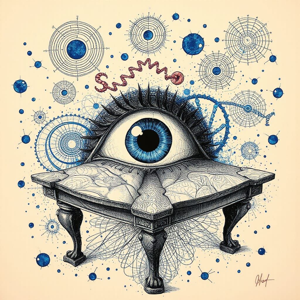 Psychedelic Fractal Table in a Surreal Scientific Drawing