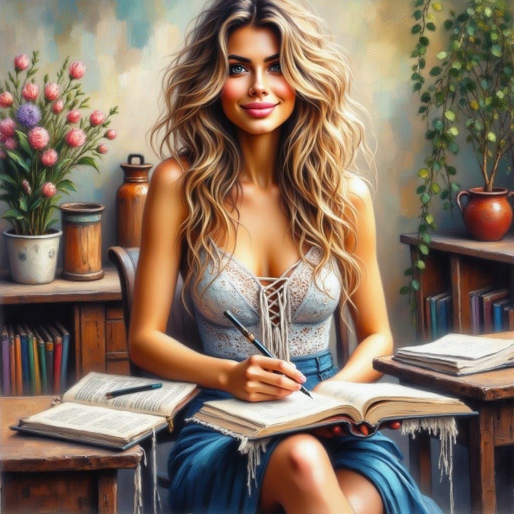 Beautiful Teacher in Antique Watercolor Style