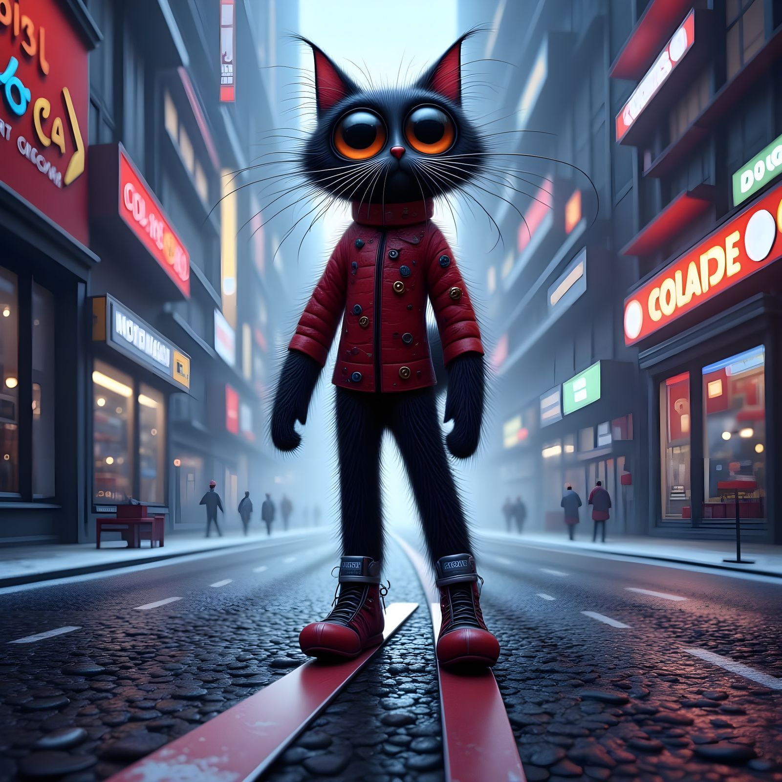 Whimsical Cat Skis Down Asphalt Road