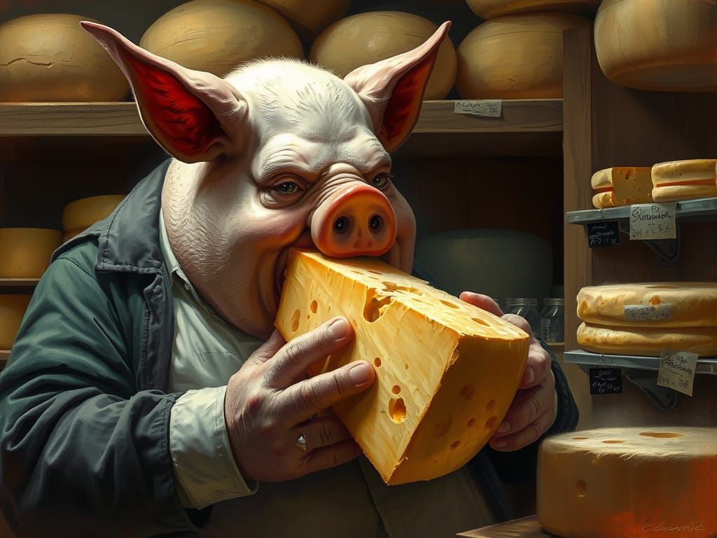 Man with Pig Head Enjoys Cheese, Sinister Art