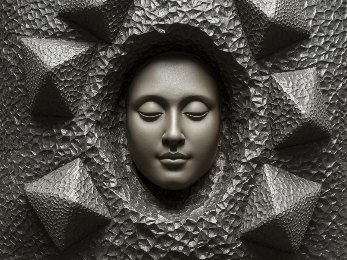 Sculpture of Serene Face Emerging from Dark Stone