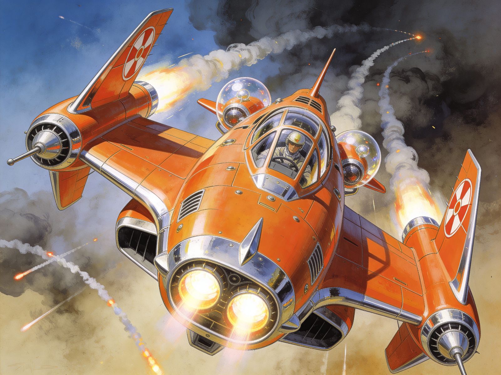 Retro-Futuristic Orange Gunship Blasting Through Smog