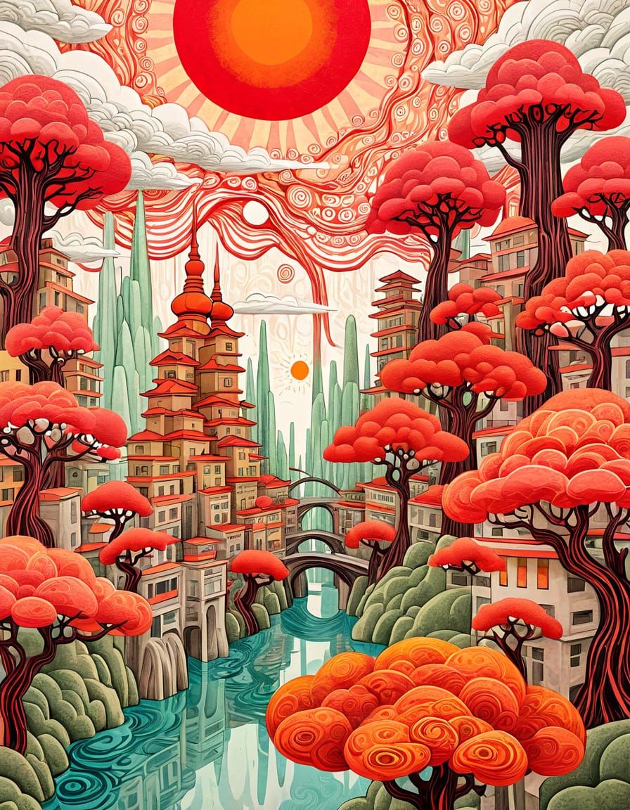 Surreal Dreamscape Architecture with Old Tree in Ink Paintin...