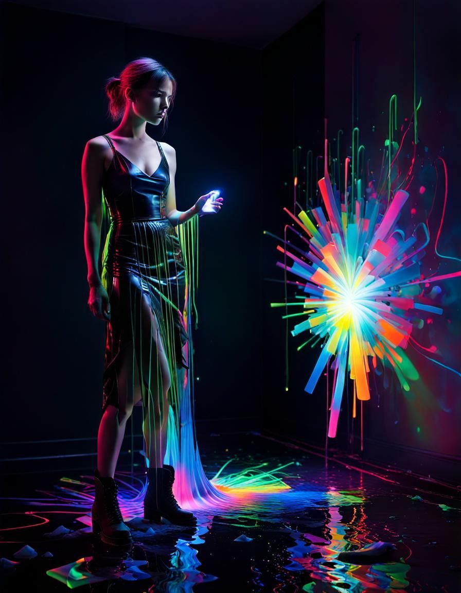 Contemplative Figure in Abstract UV Light Painting