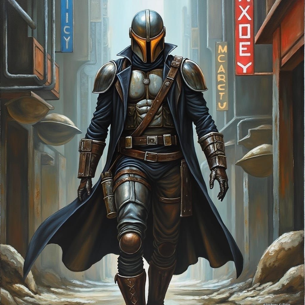 Mandalorian Warrior in Cyberpunk Dystopian Cityscape