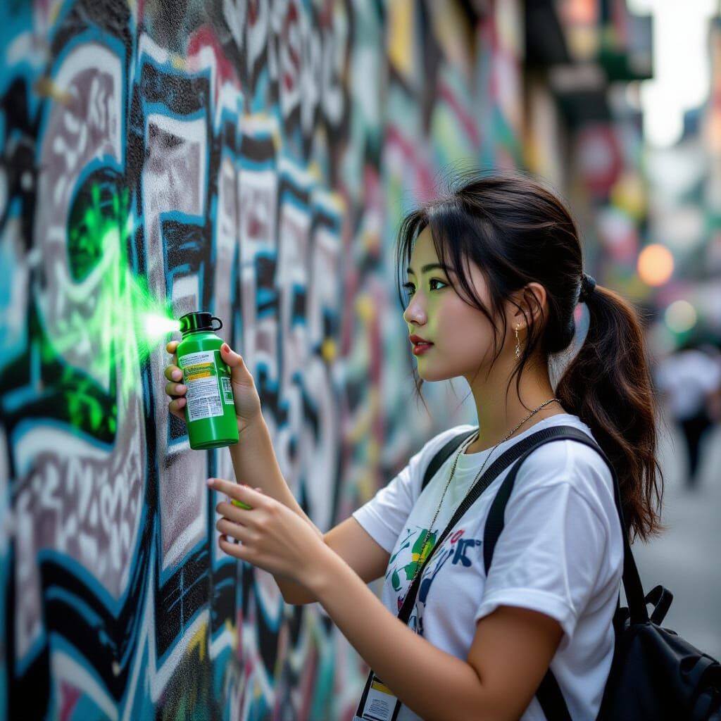 Asian Woman Sprays Neon Graffiti in B&W Street Photo
