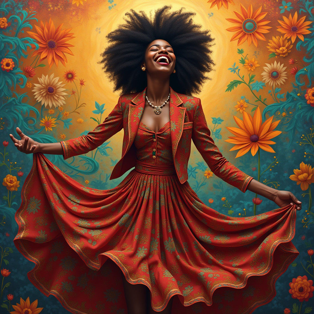 Joyful African Woman in Vibrant, Patterned Clothing