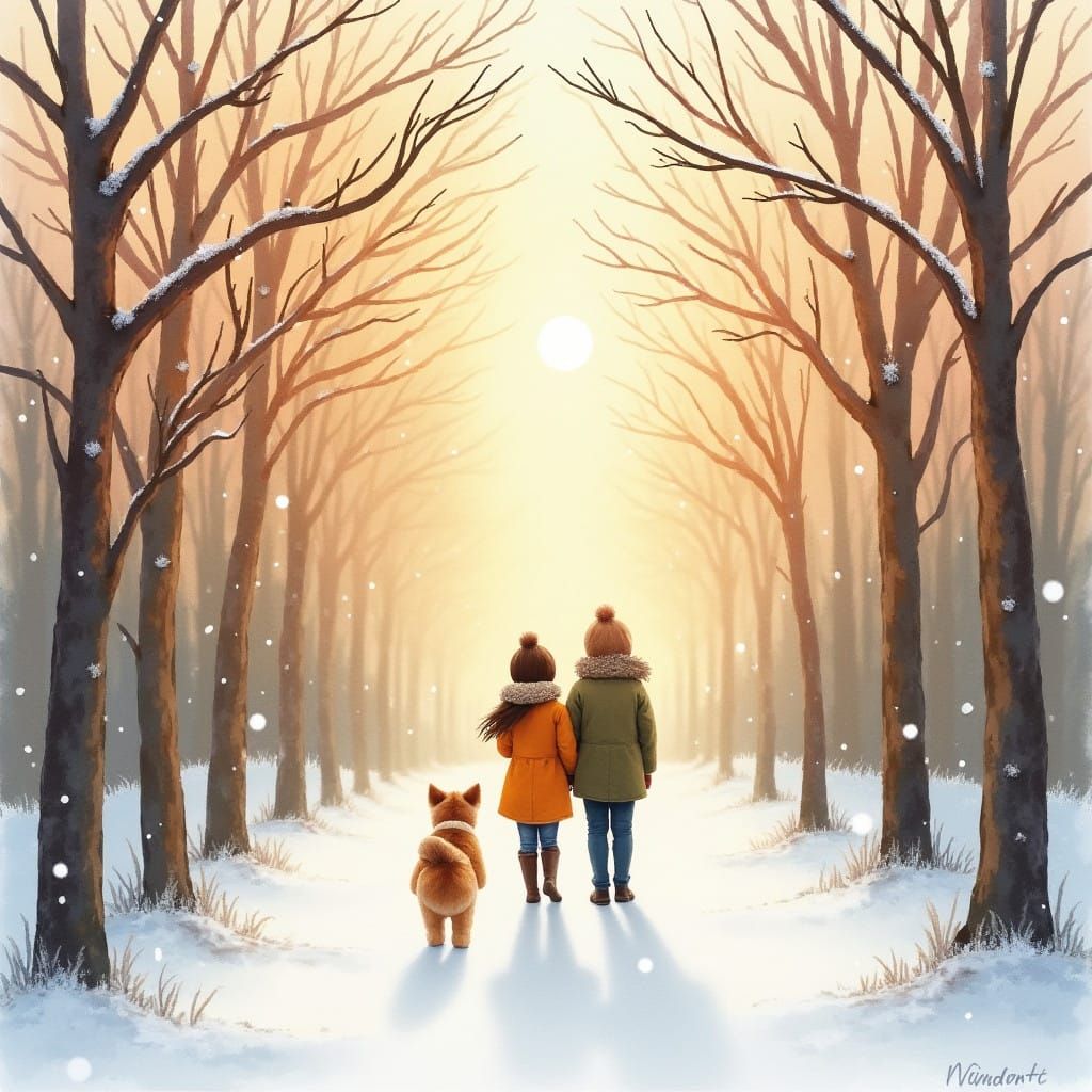 Serenely Lit Winter Forest in Pastel Hues as Watercolor Pain...