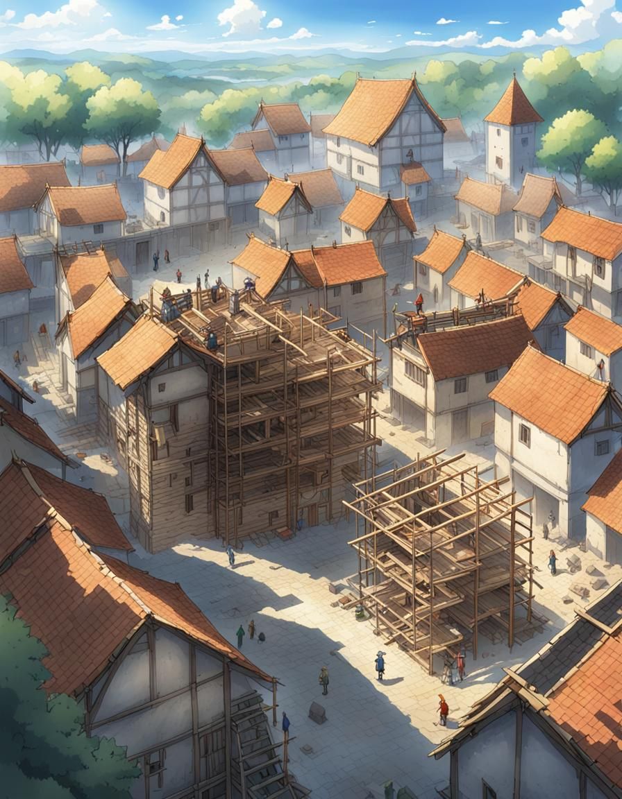 Medieval Village Construction in Anime Style