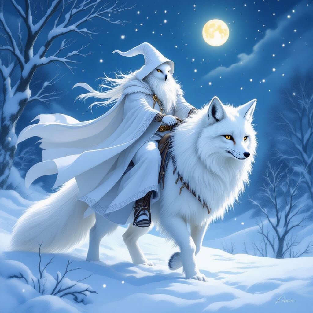 Owl Wizard Rides Fox Through Winter Landscape