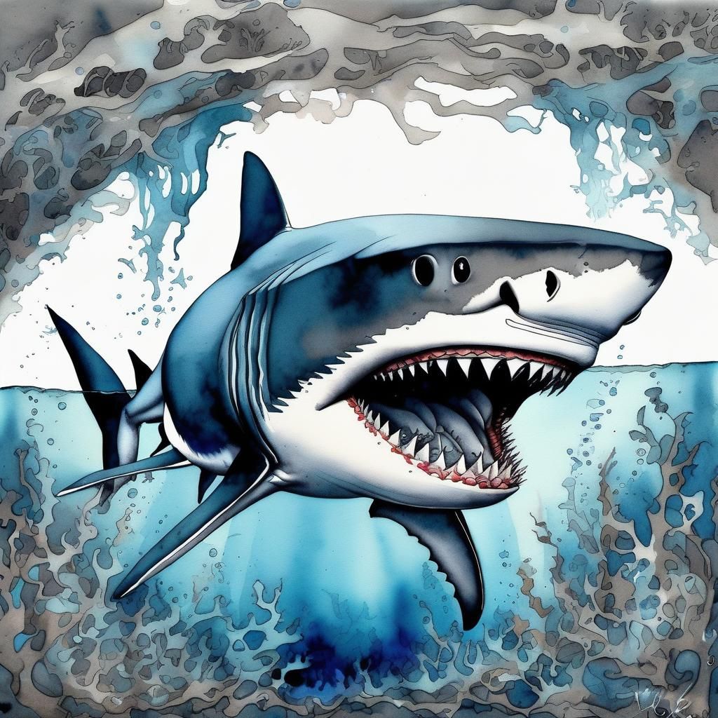 Underwater Shark in the Abyss: Watercolour Art