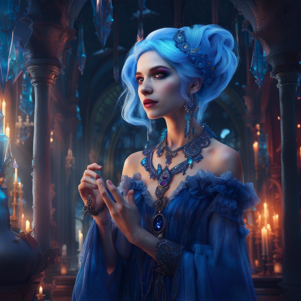 Crystalline Witch Girl in Frilly Dress: Fantasy Art