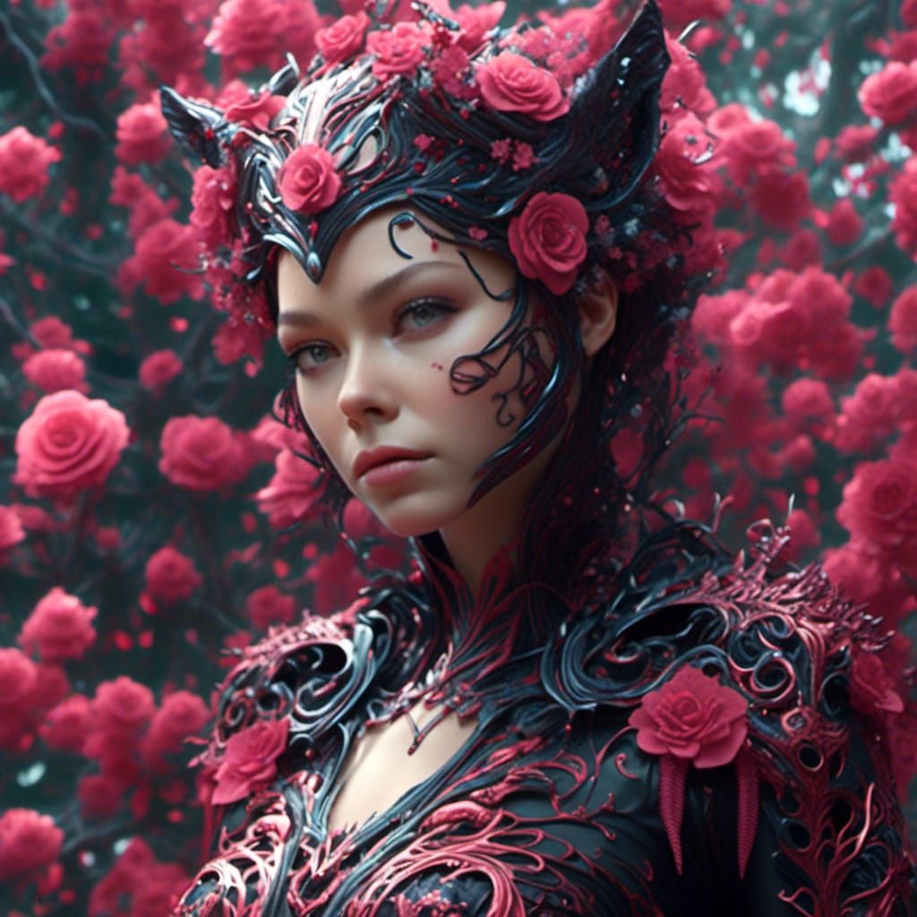 Forest Catwoman in Rose Filigree Catsuit