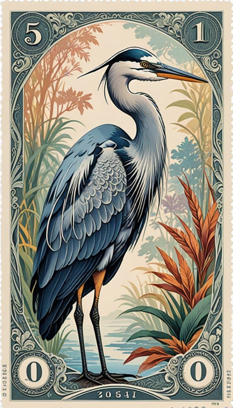 Modern Colorful Heron Currency Design: Intaglio Print