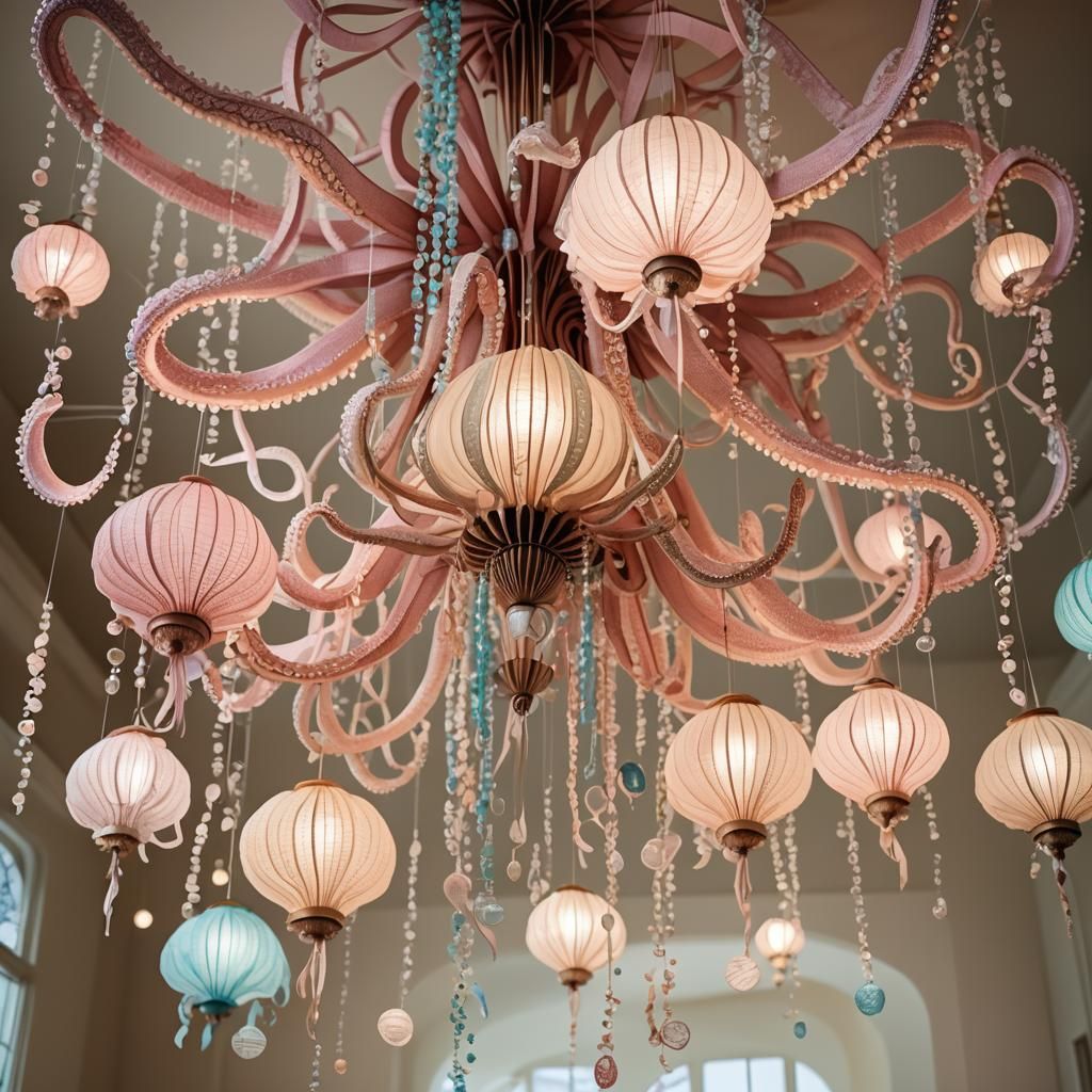 Octopus Chandelier with Conch Shell Lights