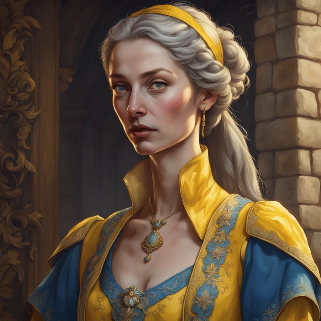 Medieval Noblewoman in Yellow, Hyperdetailed Portrait