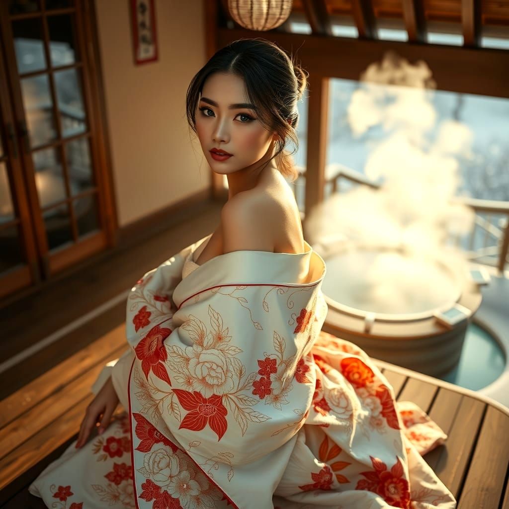 Elegant Woman in Snowy Onsen: Woodblock Print Style