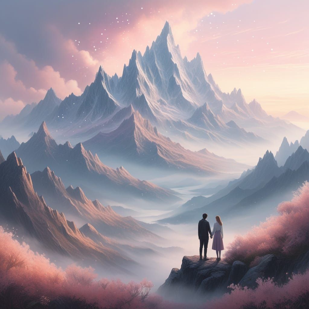 Ethereal Romance: Couple in Misty Mountains