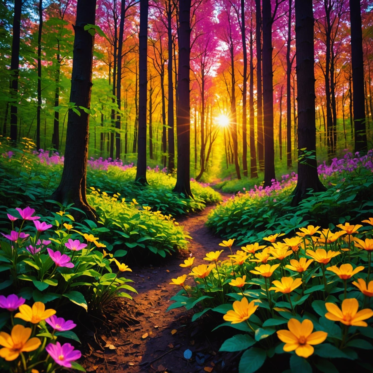 Vivid Forest Landscape with Neon Floral Details