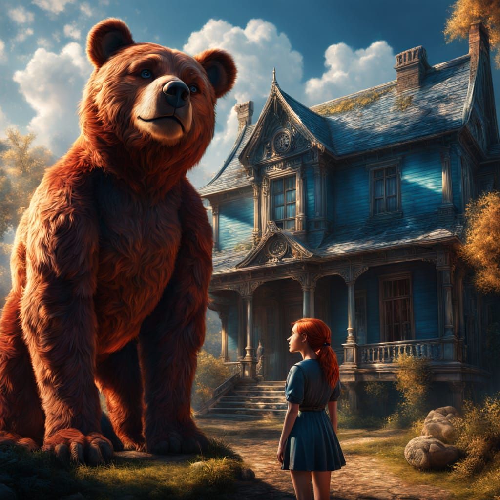 Girl Admires Giant Teddy Bear in Cinematic Matte Painting
