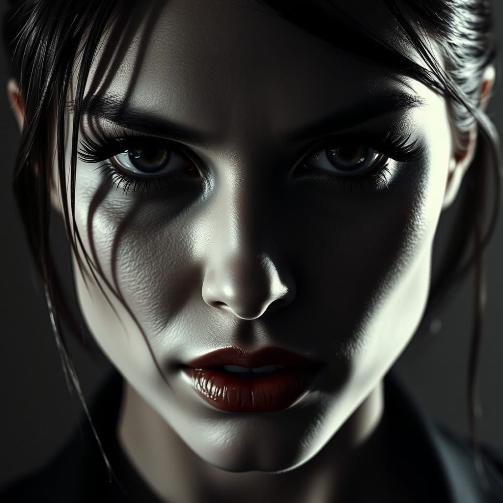 Intense Portrait with Piercing Eyes and Dramatic Shadows