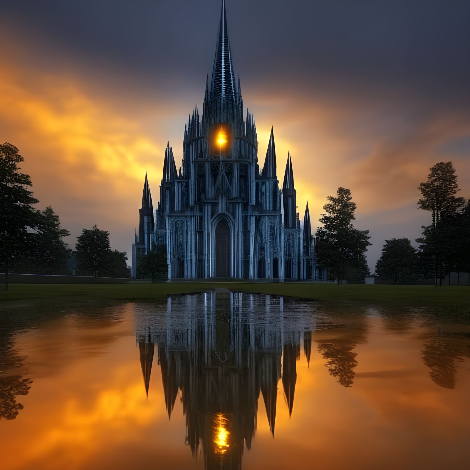 Gothic Cathedral in Golden Sunset, Hyperrealistic 8K