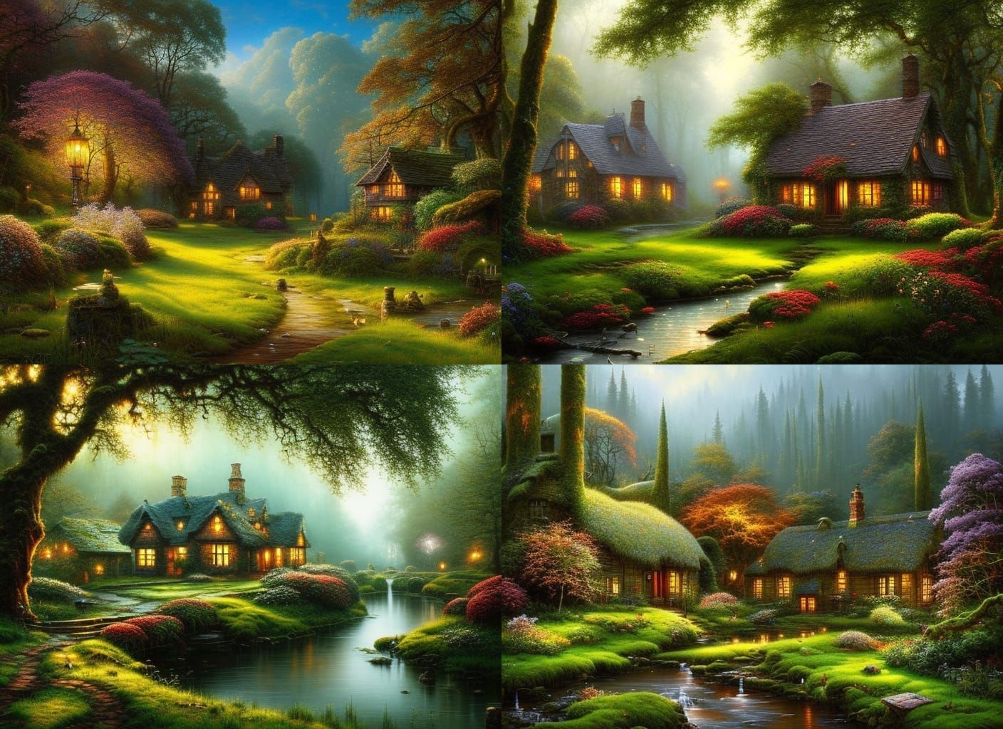 Ethereal Cottage in Lush Meadow, Watercolor Art