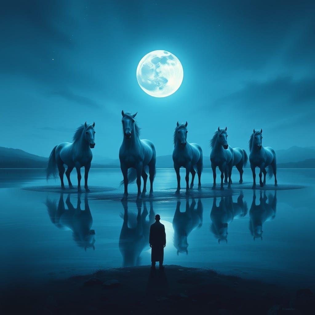 Melancholic Figure Amidst Majestic Blue Horses by Moonlit La...