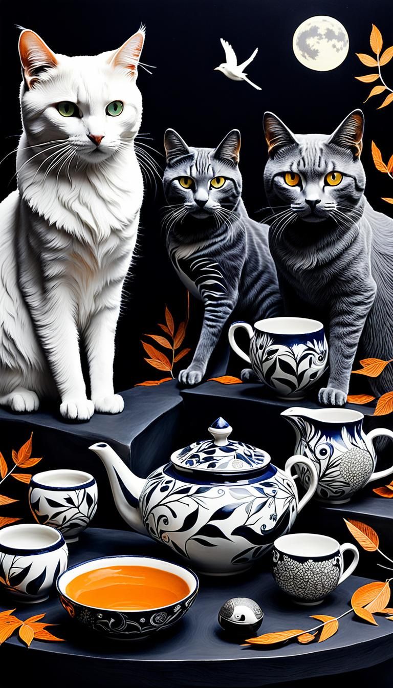Orange Cats Starry Night Surreal Photogram