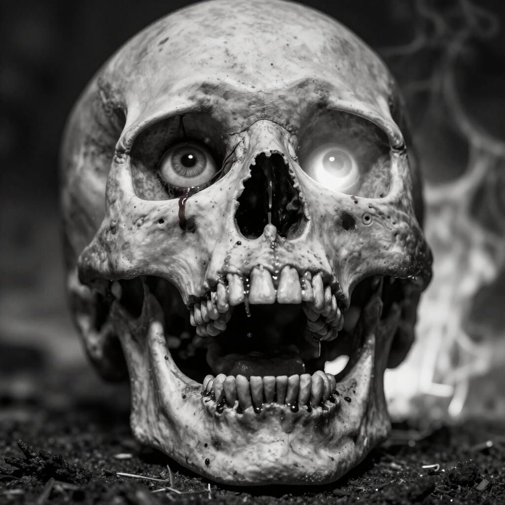Monotone Skull with Fiery Eyes, Chiaroscuro Style