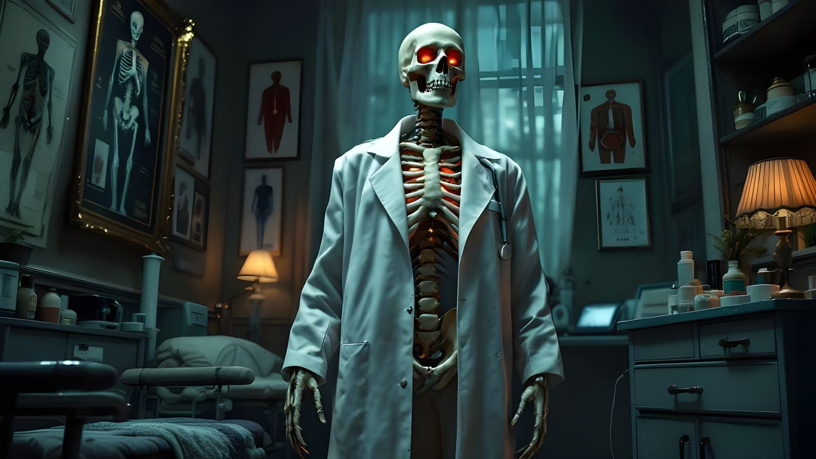 Skeleton Doctor in Office: 3D Rendered Masterpiece