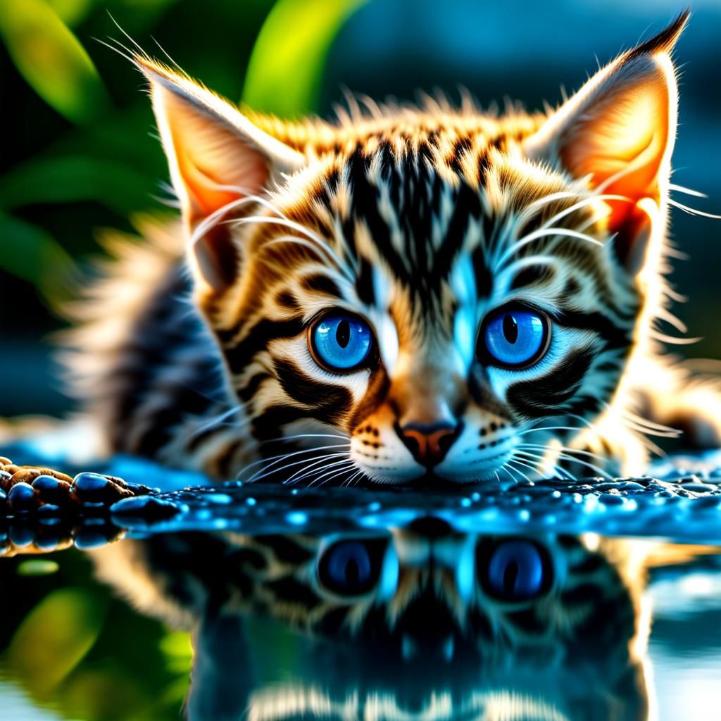 Tabby Kitten Reflection in Glassy Water