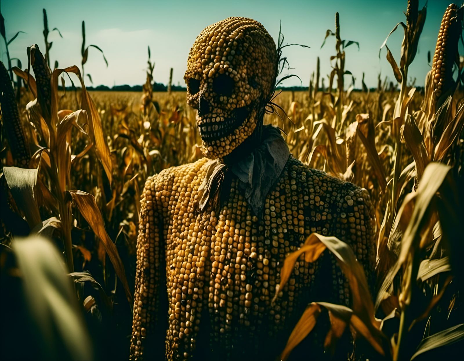 Macabre Corn Creature in a Dark Cornfield