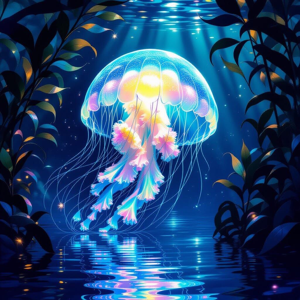 Bioluminescent Jellyfish Drifting Through Kelp Forest in Art...