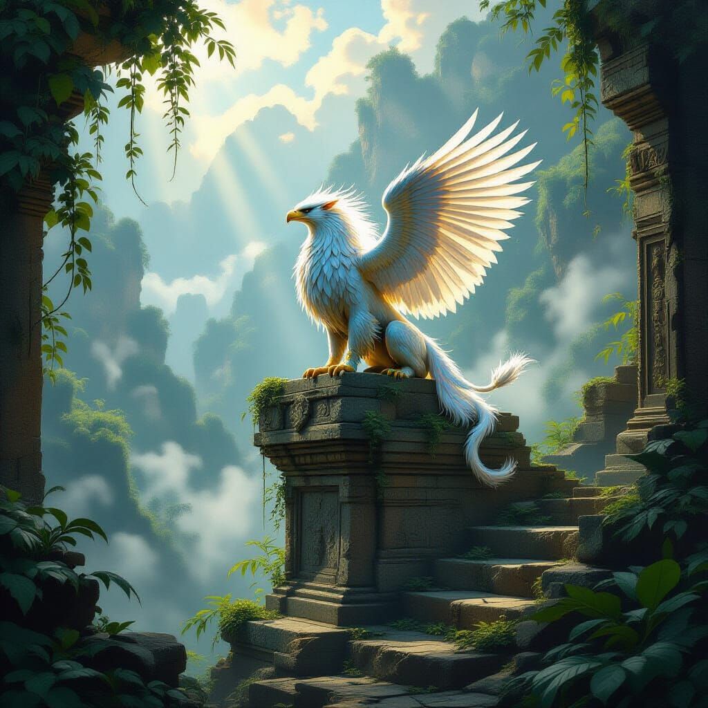 Majestic Griffin Overgrown Ruins in Misty Jungle