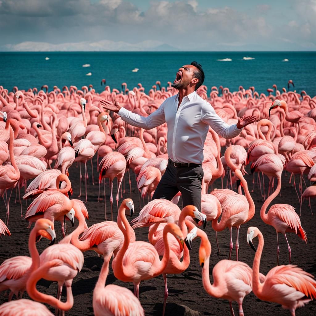 Angry Man Screams as Flamingos Flee