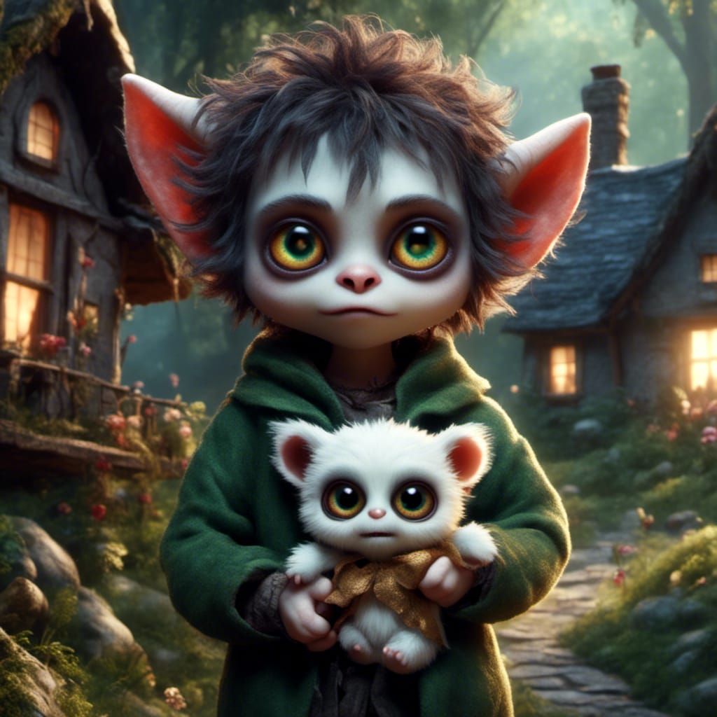 Adorable Demon Imp with Teddy Bear, Hyper-Realistic Style