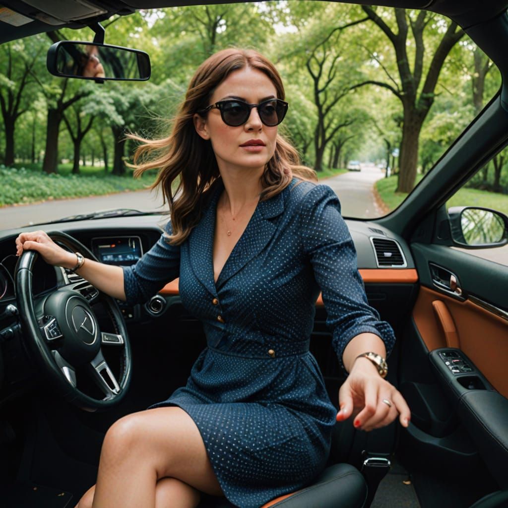 Busty Woman in Polka Dot Dress Driving a Car