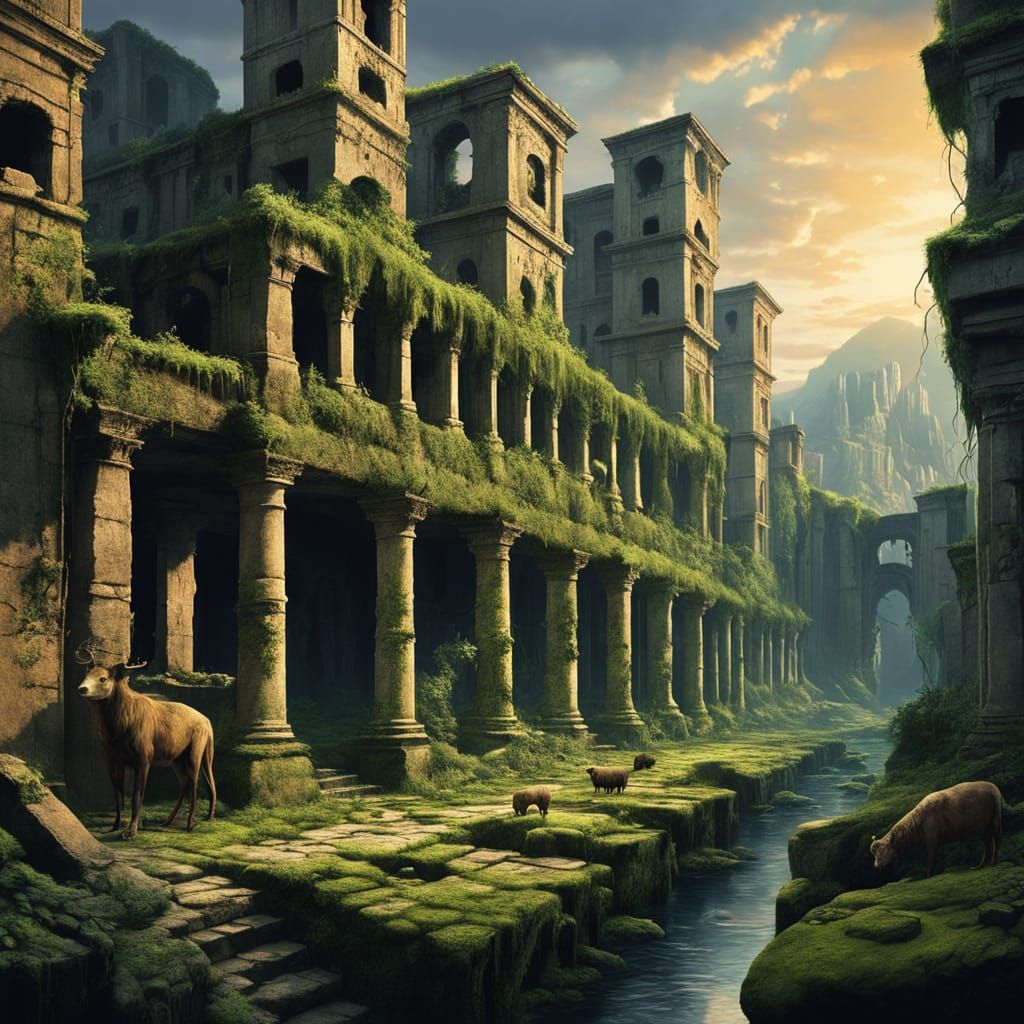 Lost City Overgrown with Lush Vegetation in Golden Hour