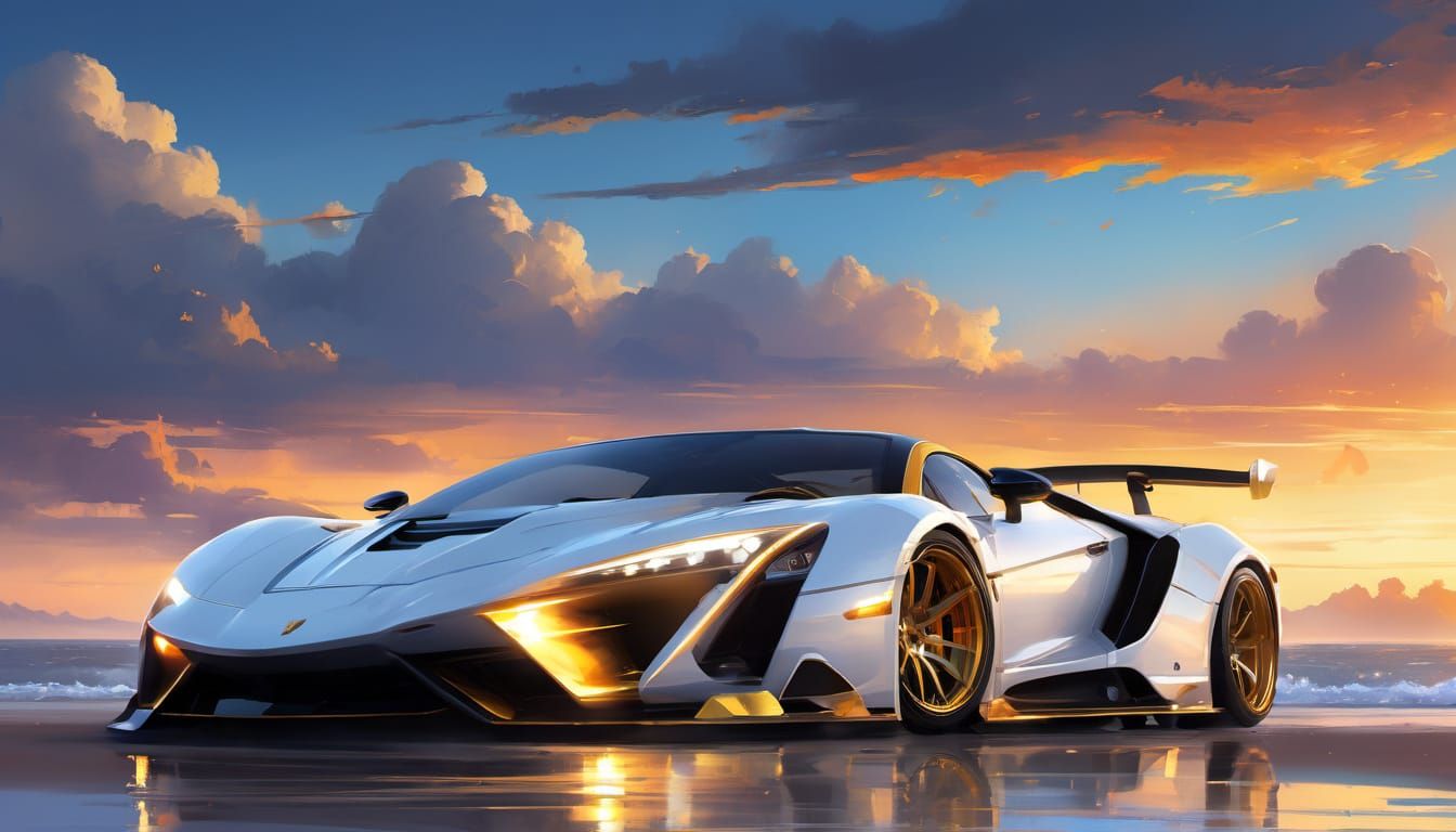 Sports Car on Beach: Digital Watercolour Painting