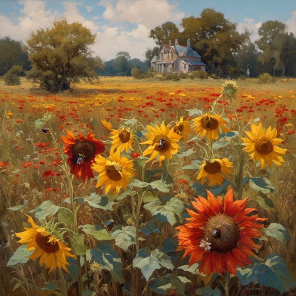 Sunflowers and Indian Blanket Flowers in Impressionist Style