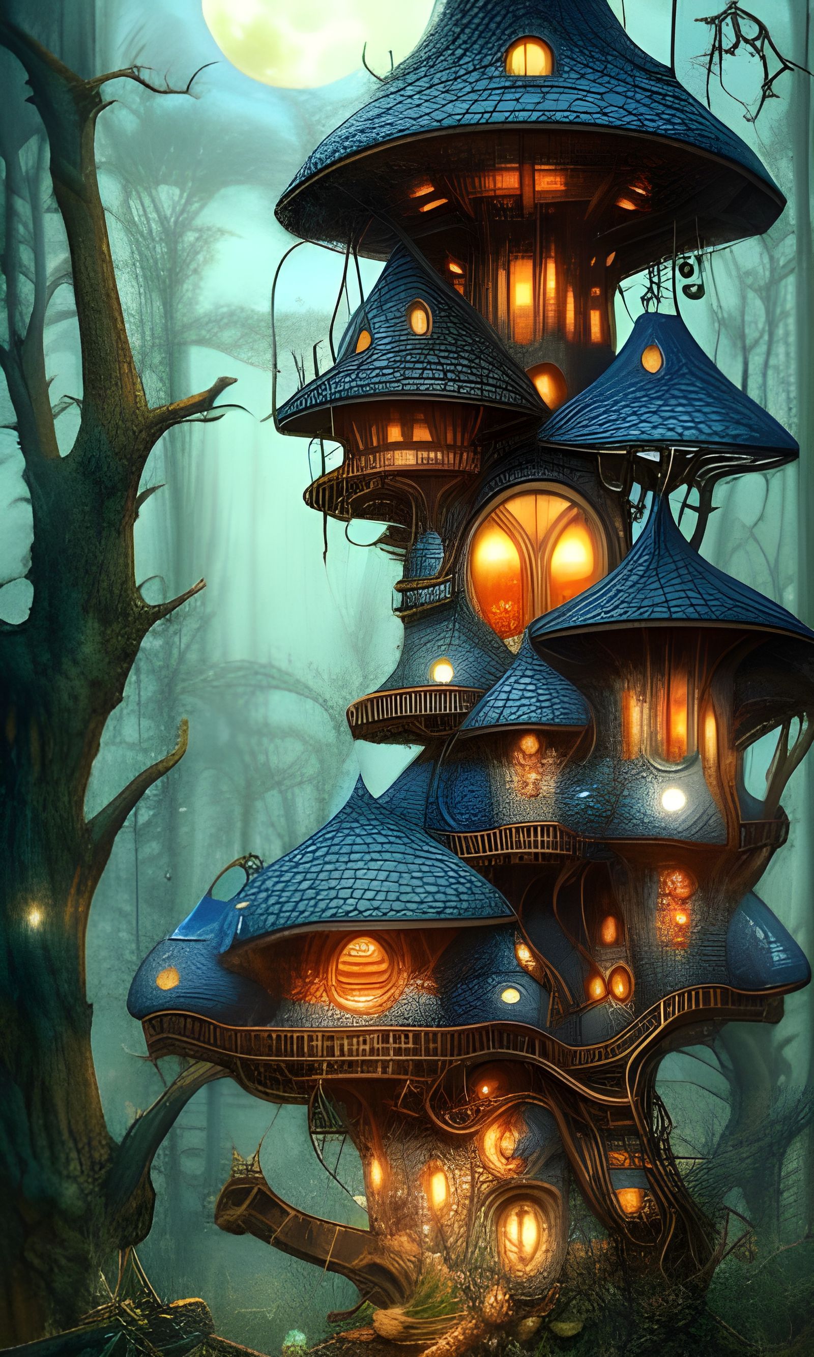 Blue Shroom Mansion Under Moon, Digital Matte Painting