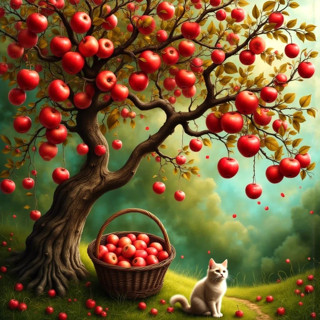 Cute Pop Surreal Goddess Protects Red Apples in Autumn
