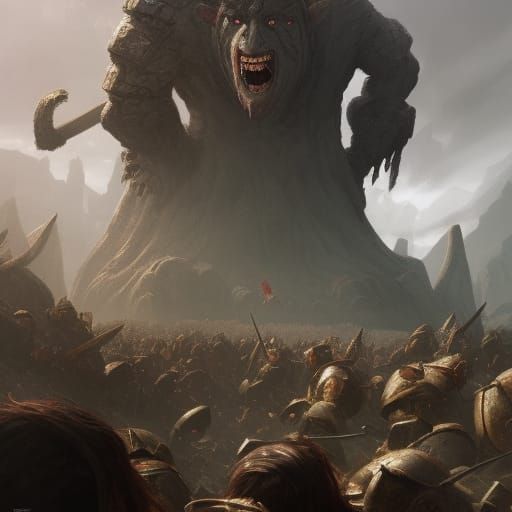 Medieval Army Battles Giant Troll in Dark Fantasy Style