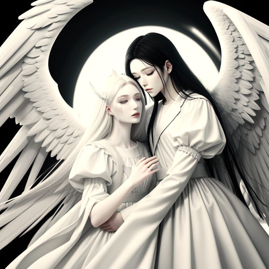 Angels Embrace in Light and Darkness