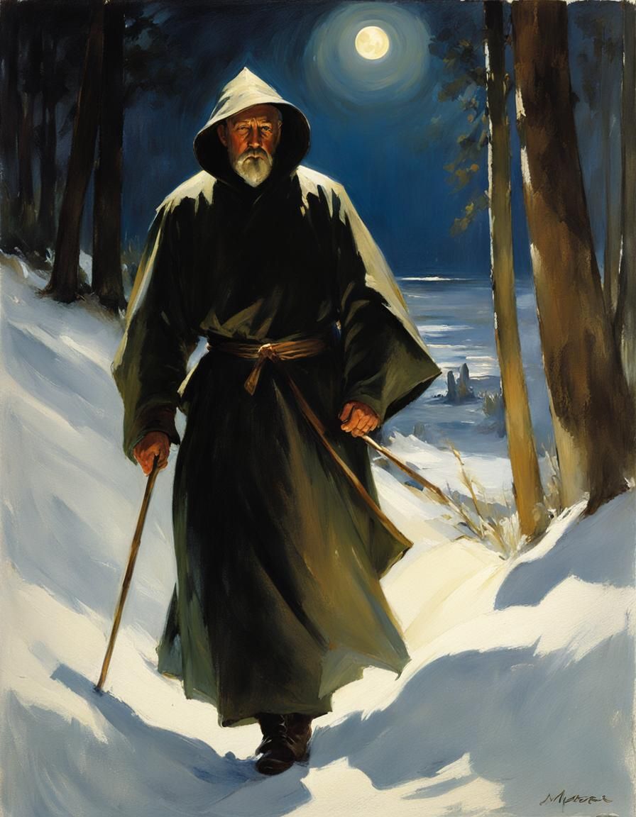 Monastic Figure in Moonlit Landscape, Anders Zorn Style