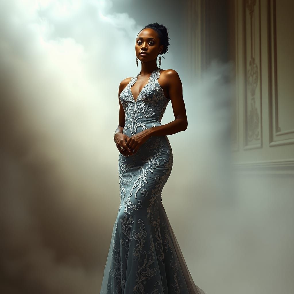 Ethereal Portrait of Woman in Silver Gown