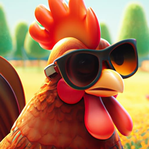 Rooster with Sunglasses on Sunny Farm, 3D Render