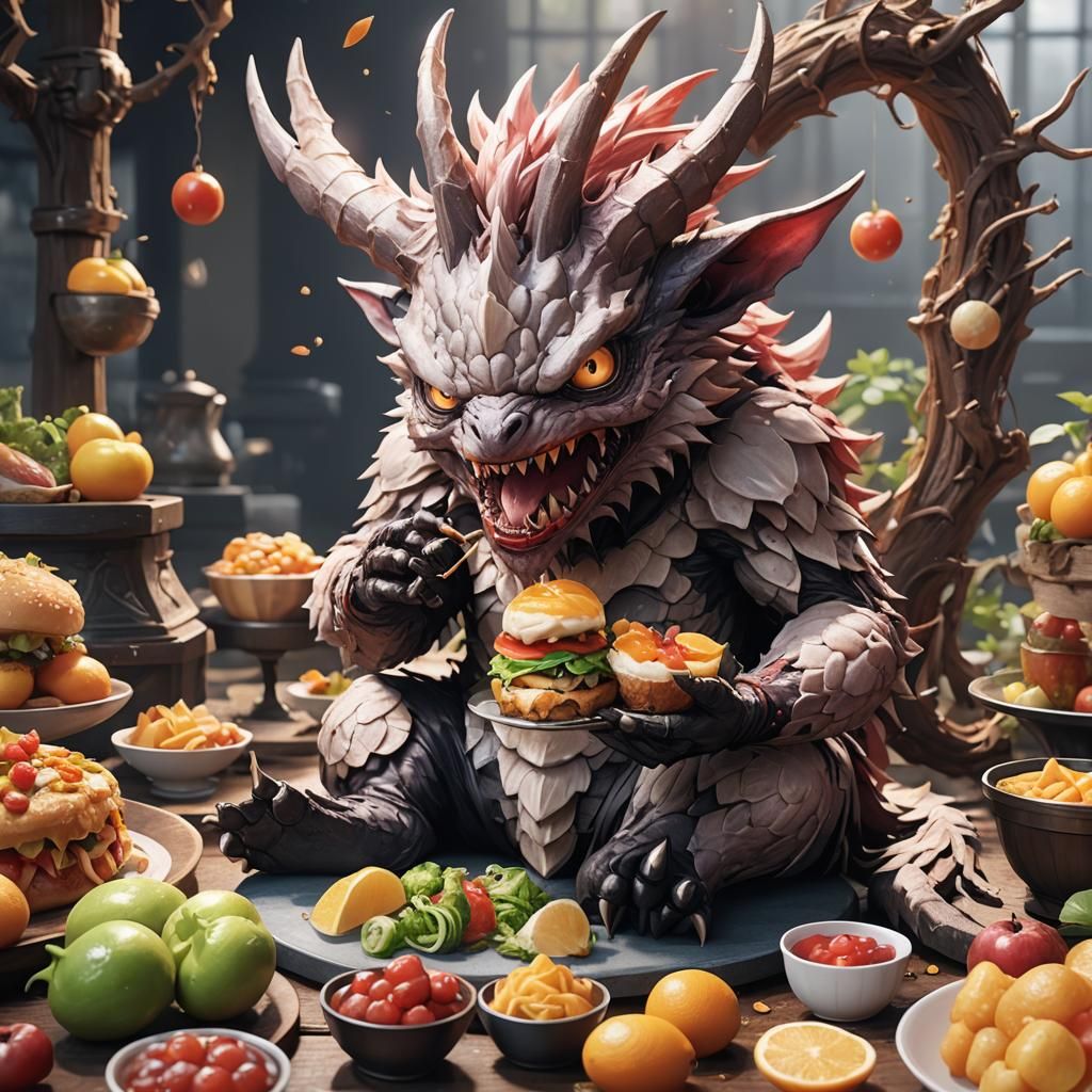 Cute Rice Monster Eating Rice: 3D Anime Art